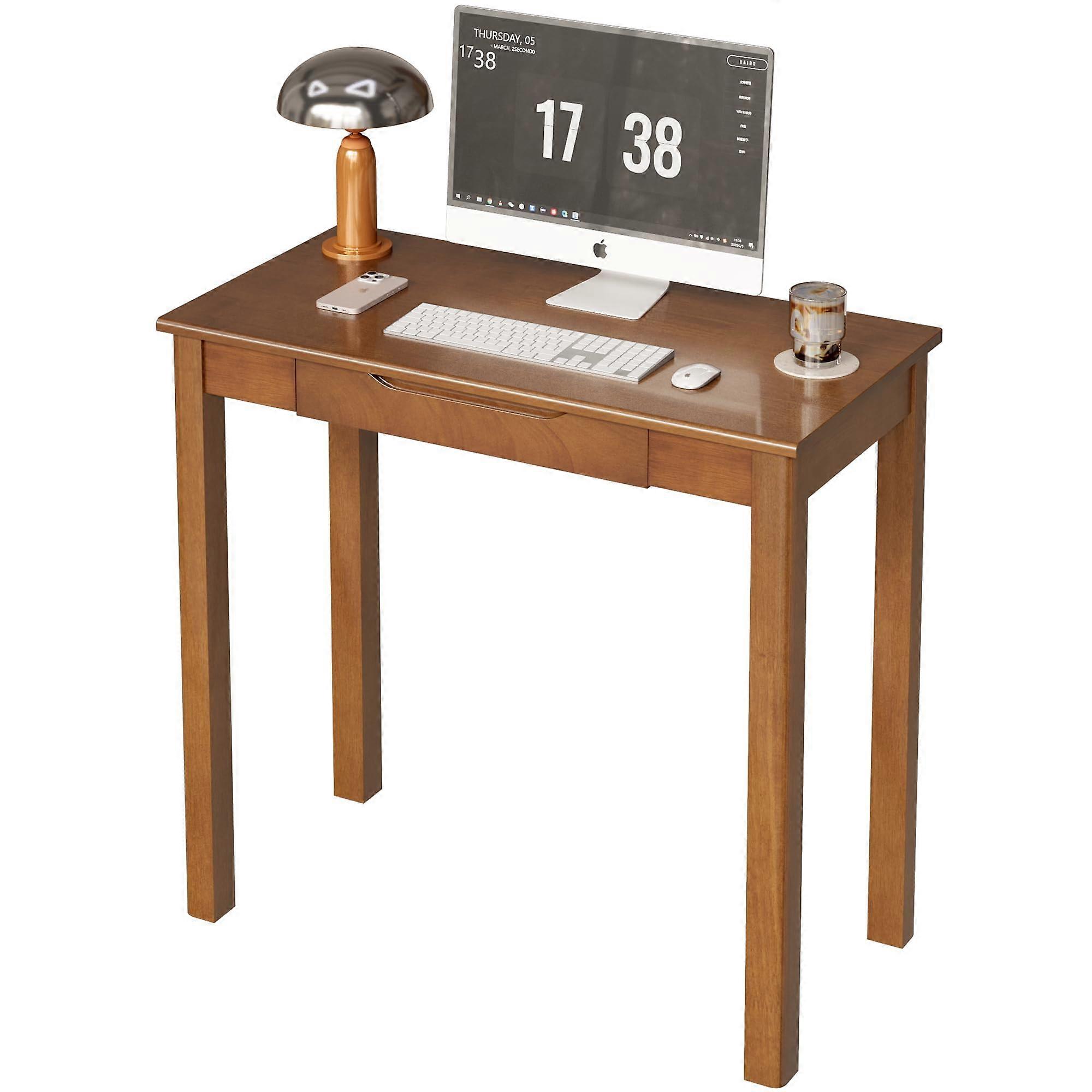 Solid Wood Writing Desk with Drawer, Mid Century Modern Small Study Table for Bedroom, Walnut