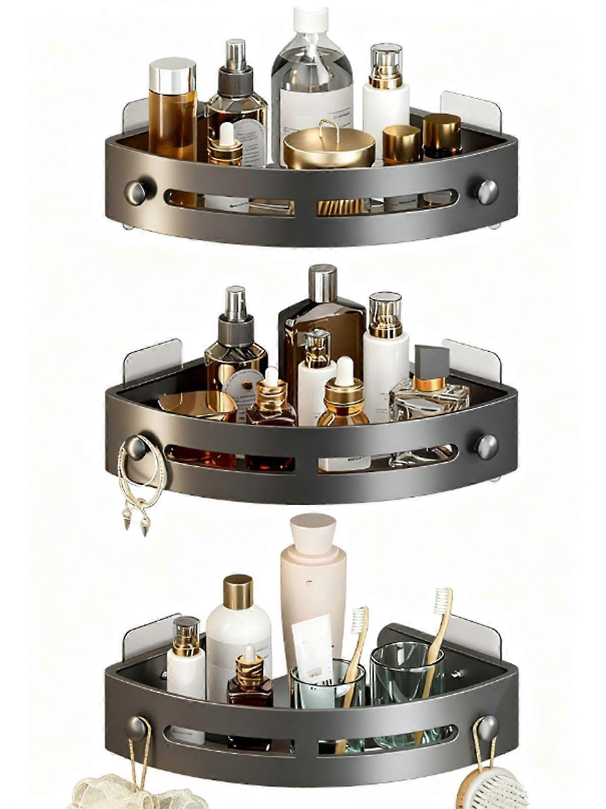 3Pack Gun Gray ABS Triangular Suction Cup Shower Caddy, 3Tier SpaceSaving Corner Bathroom Shelf