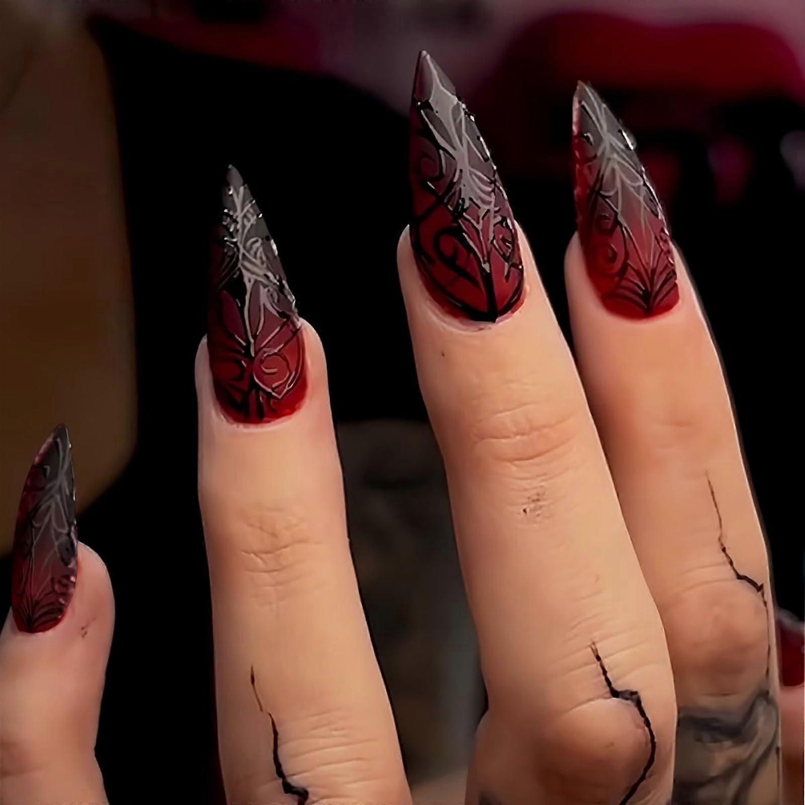 Halloween Press on Nails 24pcs Dark Red Stiletto Acrylic Ghost Design Reusable ScratchResistant