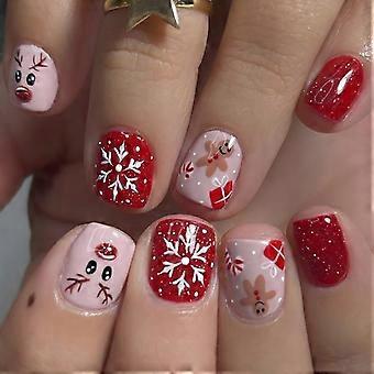 Faux ongles de Noël rouges brillants avec motif de cerf et flocon de neige, carrés courts, avec colle (24 pièces)