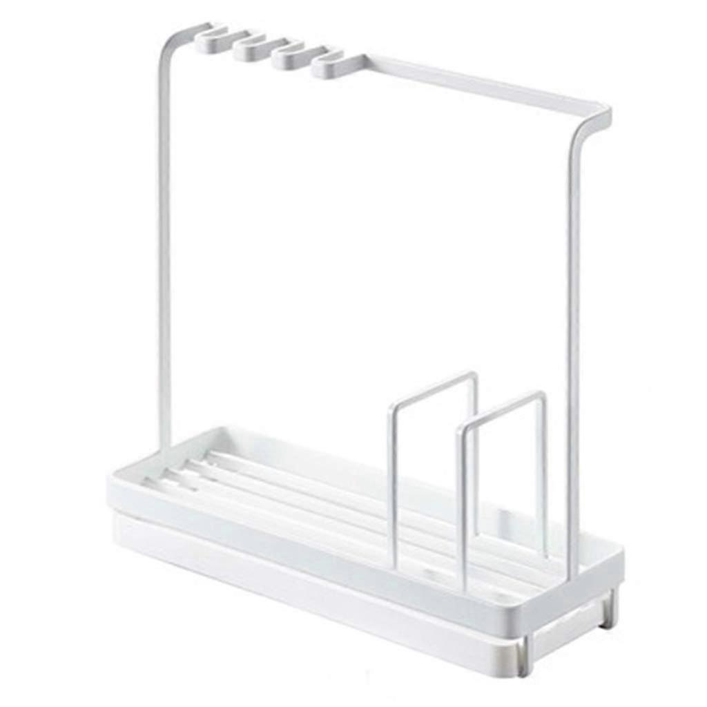 Kitchen Storage Rack with Sink Sponge Holder, Adjustable Towel Organizer, White SpaceSaving Shelf