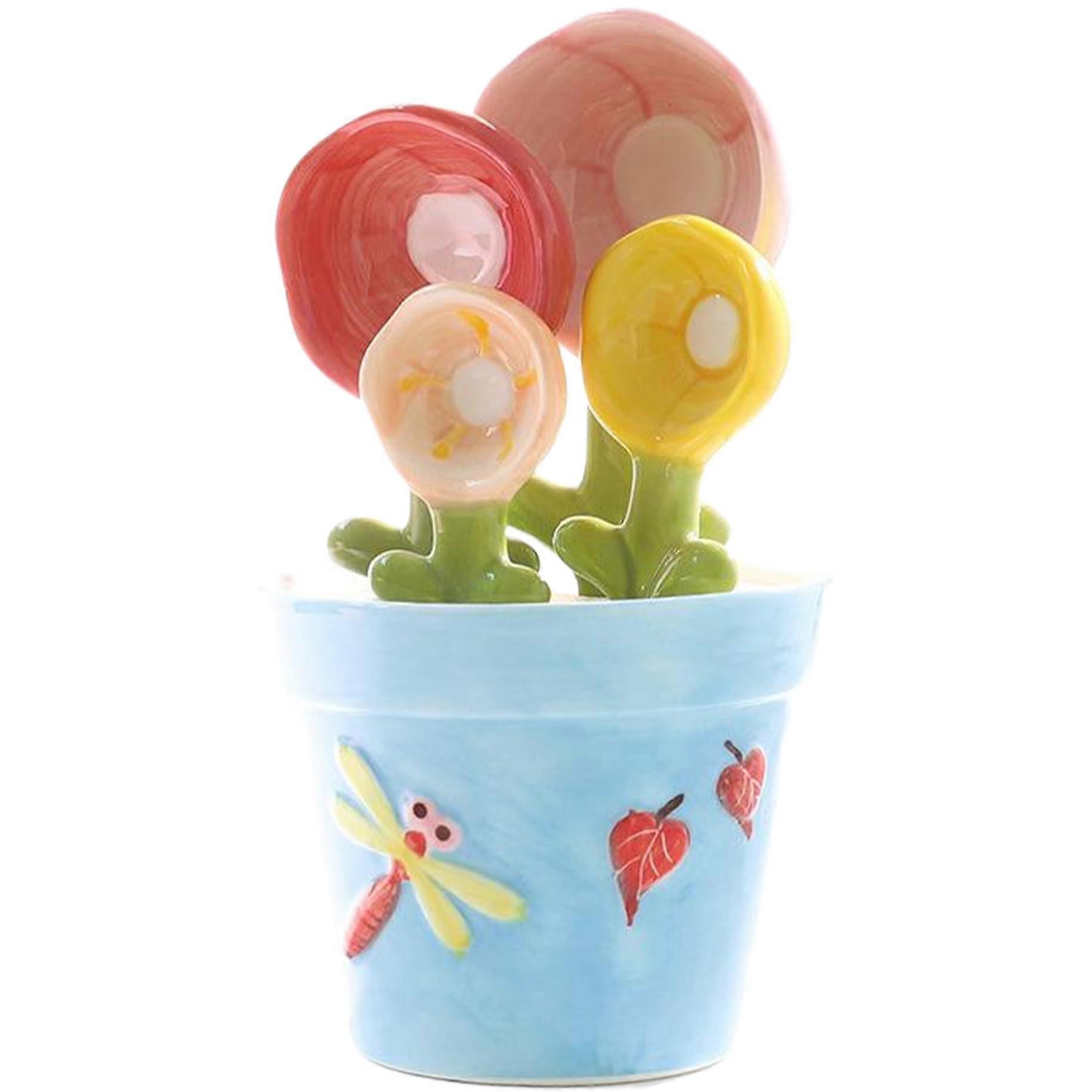 Ceramic Measuring Spoons Set in Flower Pot Cactus Design, Cute Kitchen Décor Baking Gift Blue