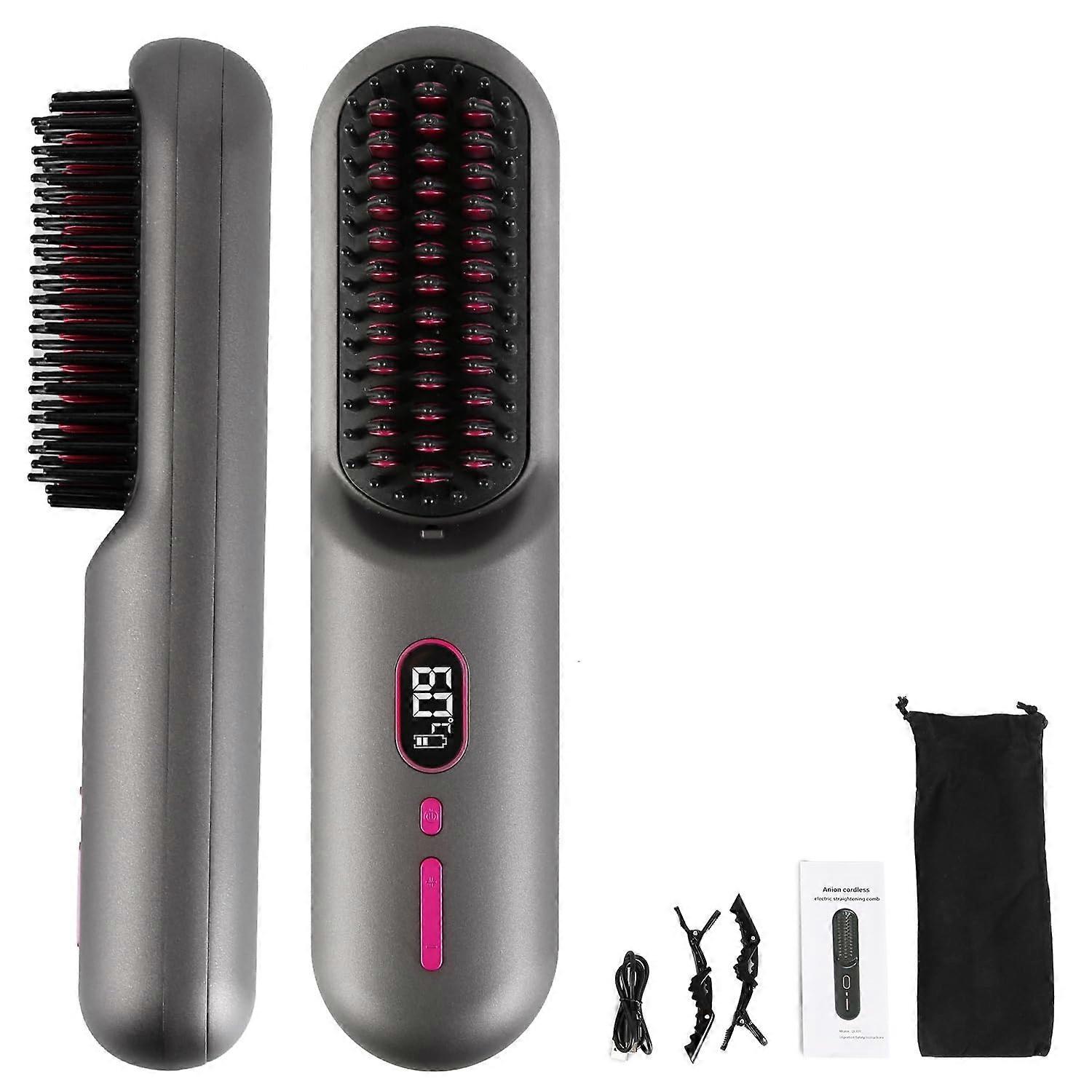 Cordless Ionic Hair Straightener Brush with 12 Temp Settings, Fast Heating USB Rechargeable Grey