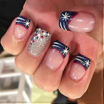 Independence Day Press On Nails Short Square French Tip Fake Nails with Glitter Star Pattern
