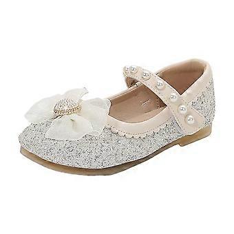 Mädchen-Kleiderschuhe Glitzer Prinzessinnenschuh Blumen Mary Jane Niedrige Absätze Partyschuhe Hochzeit Ballschuhe für Kleinkinder Beige 7-8 Jahre