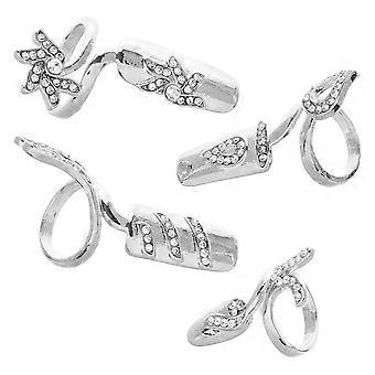 1 Set/4 Pcs Women Nail Tips Patch Rhinestone Alloy Ring Multi-size Nail Caps for Ladies Women Party Home Manicure Art