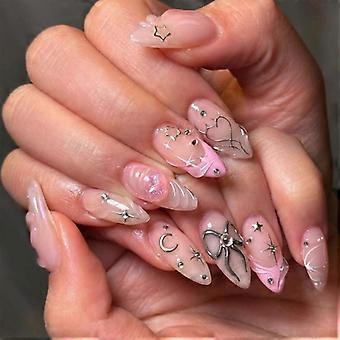 24 Pcs 3D Bows Acrylic Nail with Star Valentines Day False Nail French Tip Stick on Nail Almond Shape Press On Nail