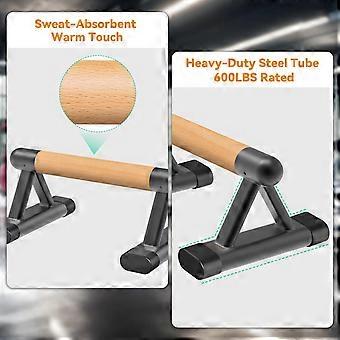 Push-up and dip bars with comfortable wooden handles, non-slip fitness equipment.