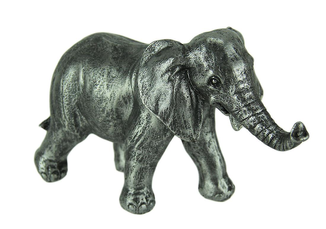 Antique Metallic Silver Finish Walking Elephant Statue Trunk Up