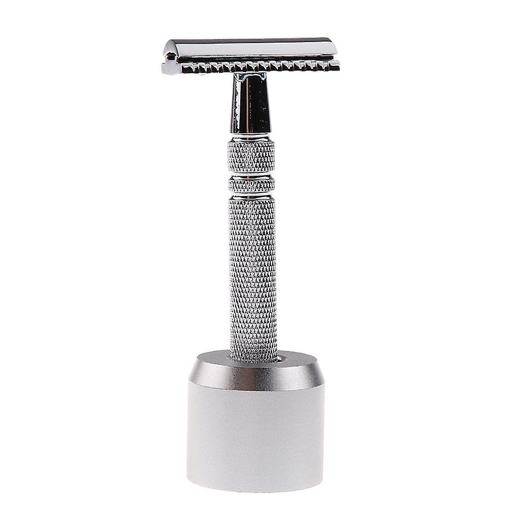 Men's Double Edge Safety Shaving Razor + Stand Holder Base Silver