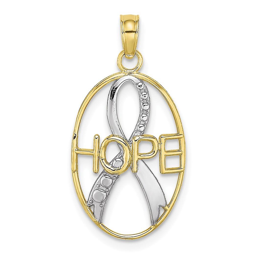 10k Gold Hope and Ribbon In Oval Frame High Polish And Textured Charm 26.5x12.5mm Wide Pendant Necklace for Women