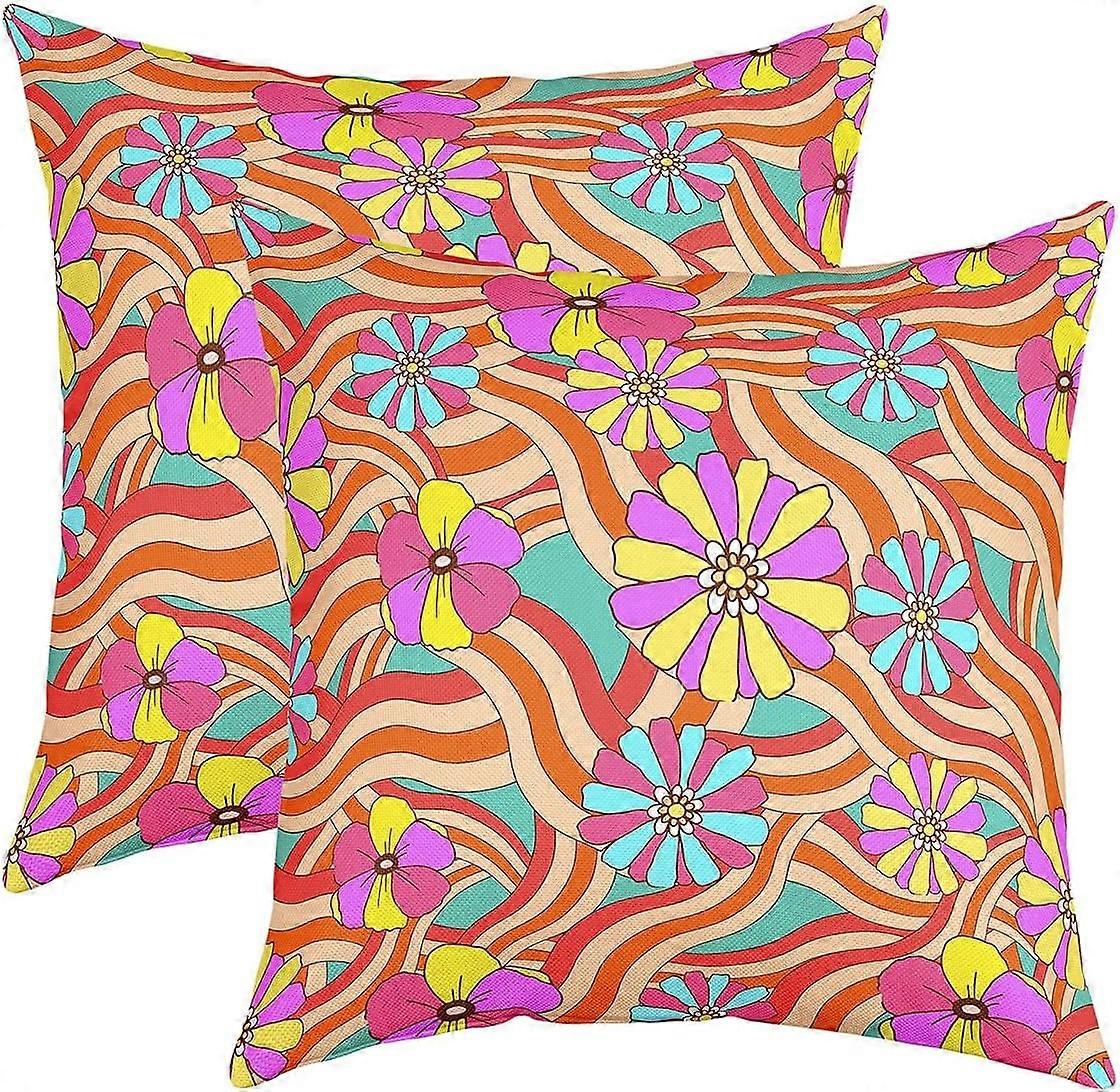 مجموعة من 2 حالات وسادة الأزهار الملونة 70S أغطية وسادة الزهور الرائعة 18x18 للفتيات في سن المراهقة النساء الهبي جمالية رمي وسادة يغطي الهندسة شارع