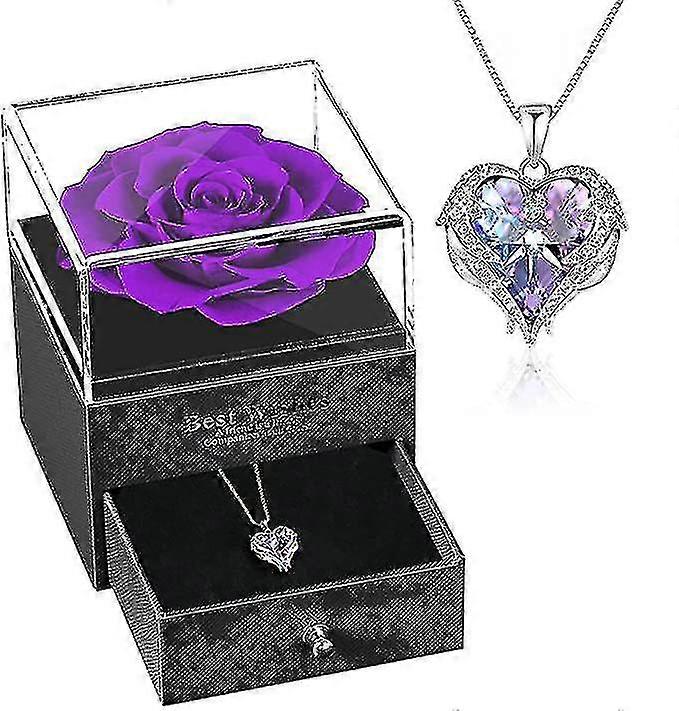 الحفاظ على وردة حقيقية مع الملاك الجناح الحب القلب قلادة هدية مجموعة لها يو