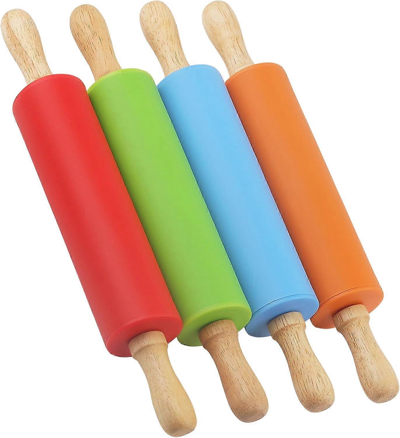 4 Pack Mini Rolling Pins, Silicone Rolling Pin with Wooden Handle, Non-Stick Rolling Pin for Pastry, Dough and Pizza