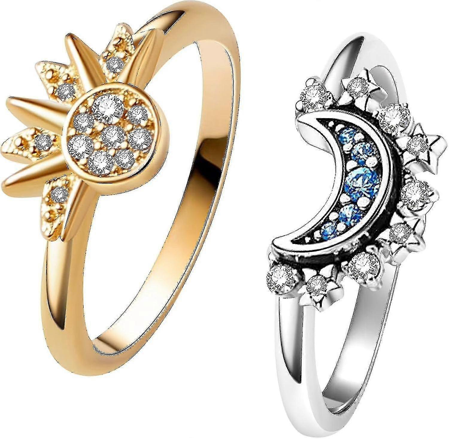 Celestial Sun And Moon Ring Set, Sparkling Sun Ring/blue Moon Ring With 14k Gold/silver Plating-Yvan