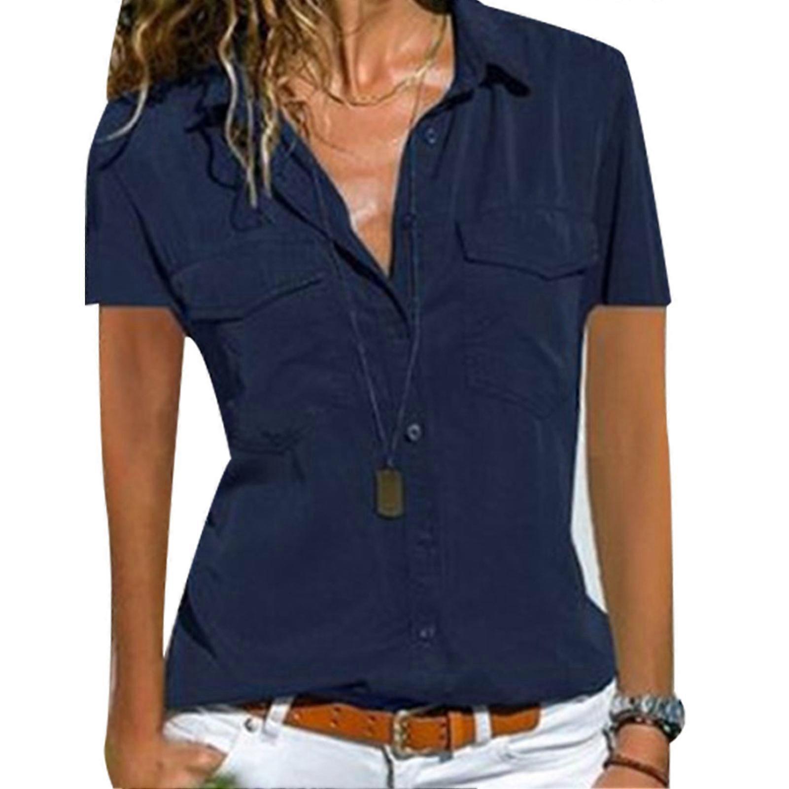 Women's Short Sleeve Shirt Button Down Blouse Collar Tops Solid Color for Summer