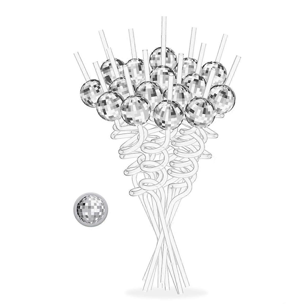 16PCS Disco Ball Straws, Disco Party Decorations Straws with Mini Silver Disco Ball Decor, 70s Disc
