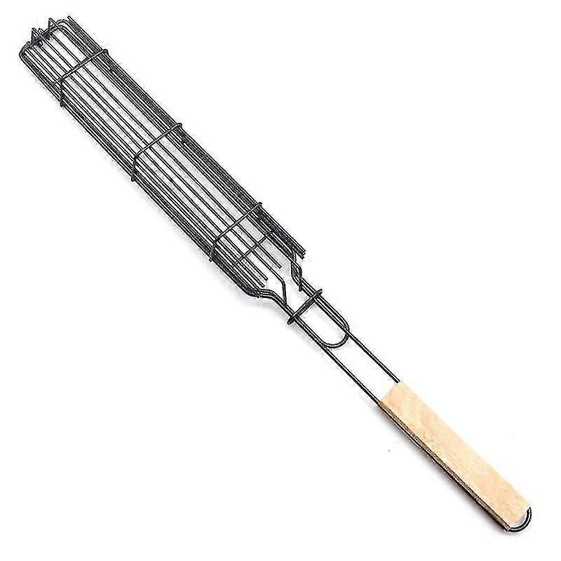 Hmwy-(wooden-2pcs) Bbq Net Barbecue Grilling Basket Mesh Steak Fish Meat Vegetable Tool Wood Handle