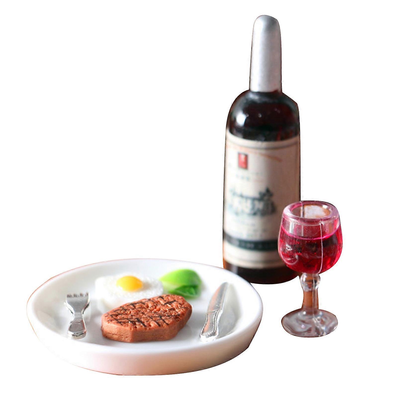 1/12 Scale Dollhouse Mini Red Wine Steak Set Miniature Kitchen Simulation Decor