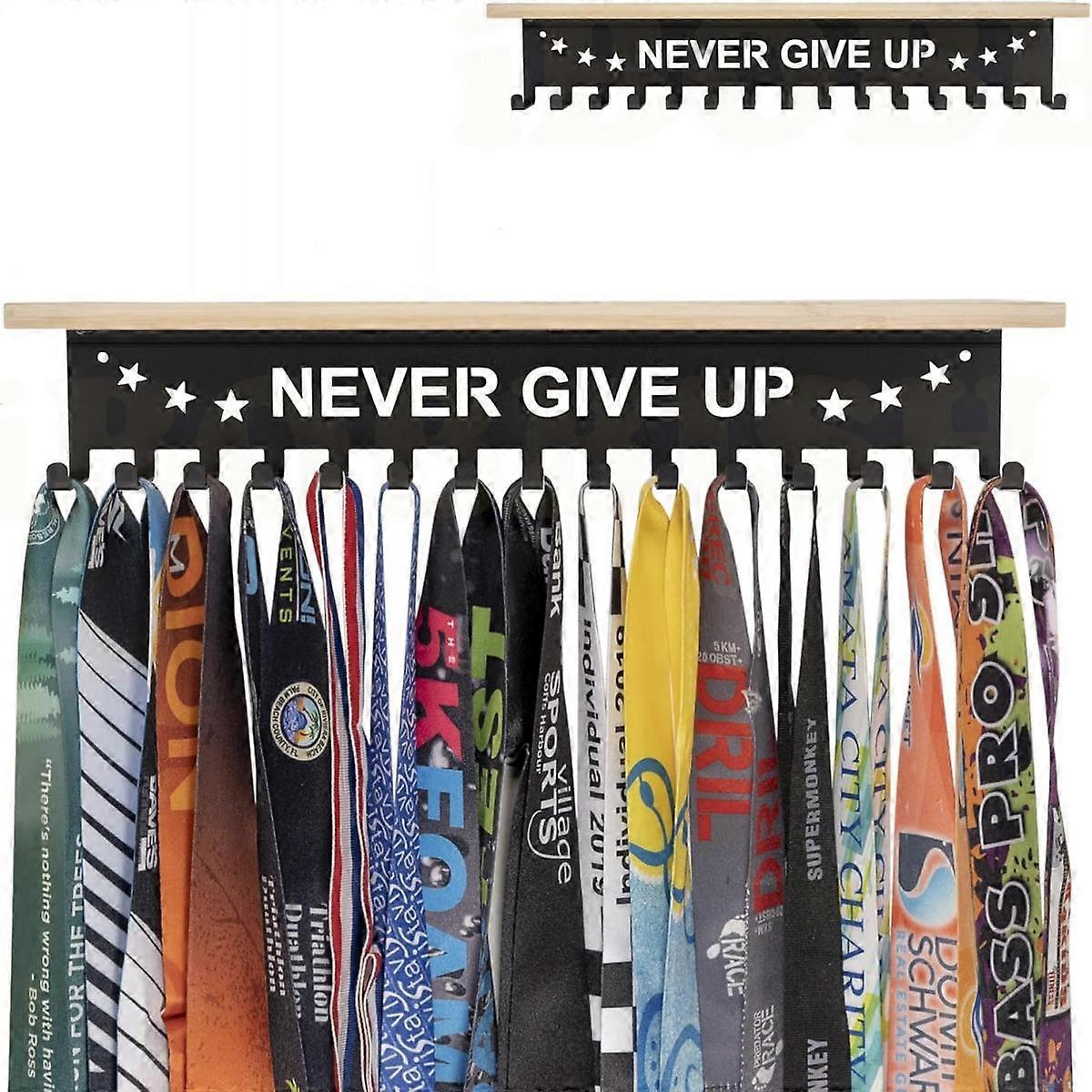 Premium Trophy and Medal Display Shelf 16inch,Metal Trophy Shelf with Hooks,Large Bamboo Trophy Board Display,Sturdy Trophy Shelf with Hooks