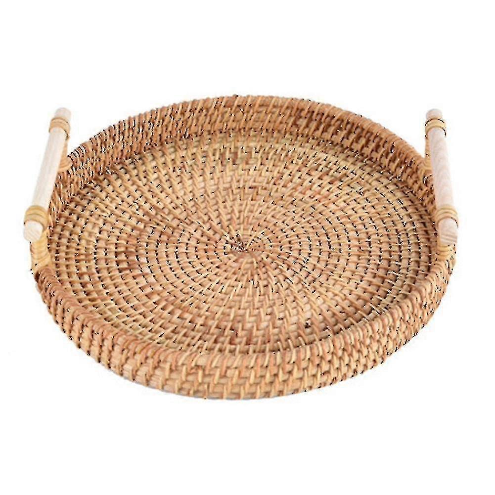 Vassoio di immagazzinaggio in rattan intrecciato a mano con manico in legno cesto rotondo pane piatto di frutta torta piatto di