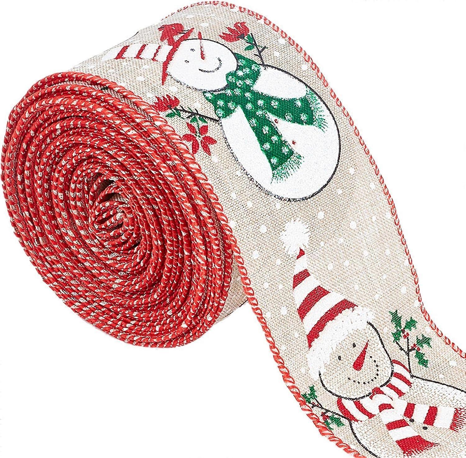 9.9 Yards 2.5 Inch Christmas Wired Ribbon Printed Wrapping Ribbons Snowman Snowflake Embellishment Fabric Polyester Imitation Linen Edge Trim for Wrea