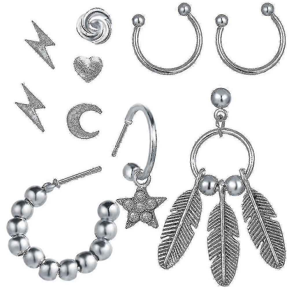 10pcs Ear Studs Set Lightning Feather Alloy Ear Clips For Party