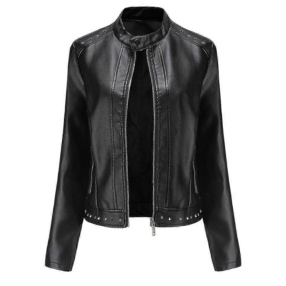 Naiwang Women's Solid Color Stand Collar Stud Slim Fit Cropped Zip Leather Jacket
