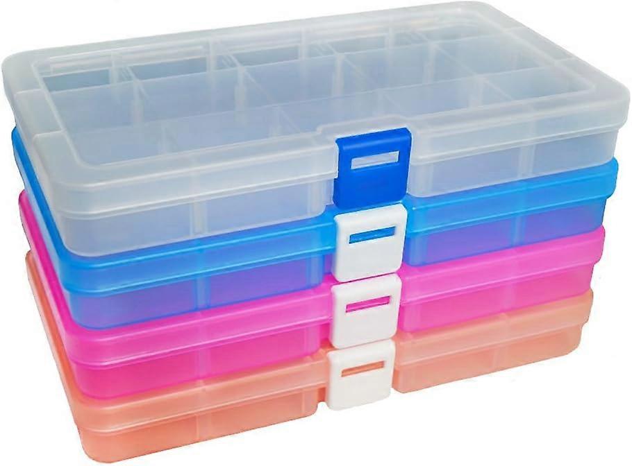 Plastic Storage Box 15 Compartments Adjustable Divider Organizer Jewelry Earring Tool Containers (4 Packs, 4 Colors)