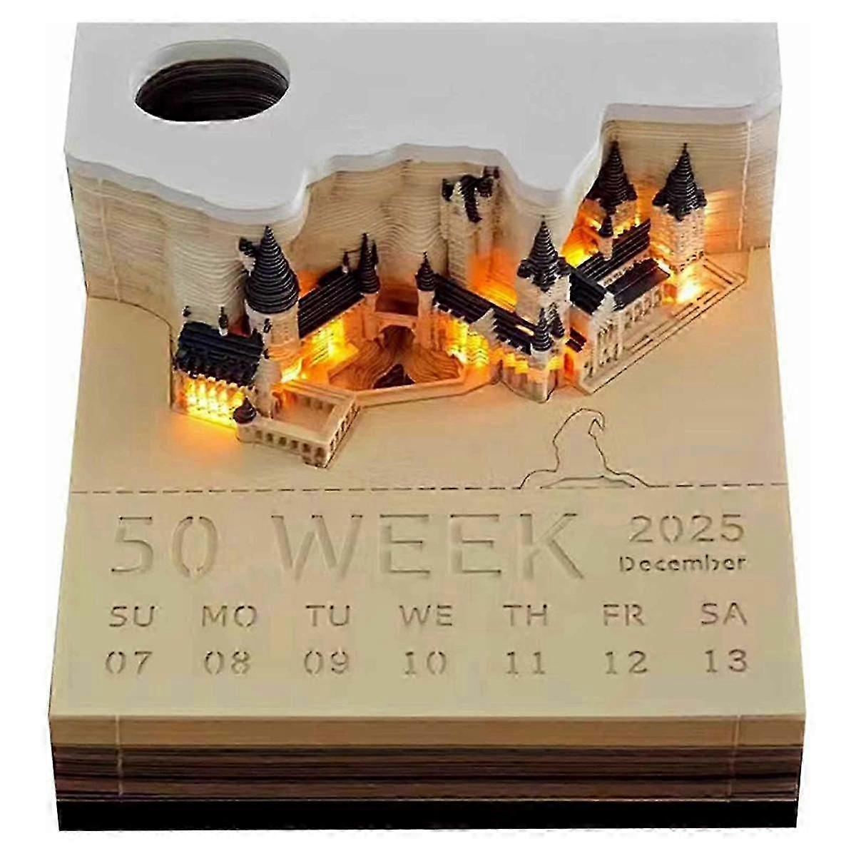 Time Piece Calendar, 2025 Desk Calendar Memo Pad, 3D Magic Castle Time Piece Notepad with Lights