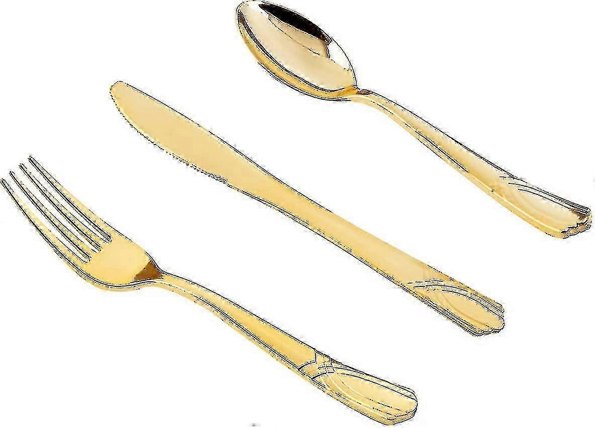 150 قطعة من الذهب يمكن التخلص منها الفضة البلاستيك الذهب مجموعة أدوات المائدة -50 شوكة ، 50 سكاكين ، 50 ملعقة - مجموعة أدوات المائدة التي تستخدم لمرة واحدة من الذهب Tablewar البلاستيك الثقيل