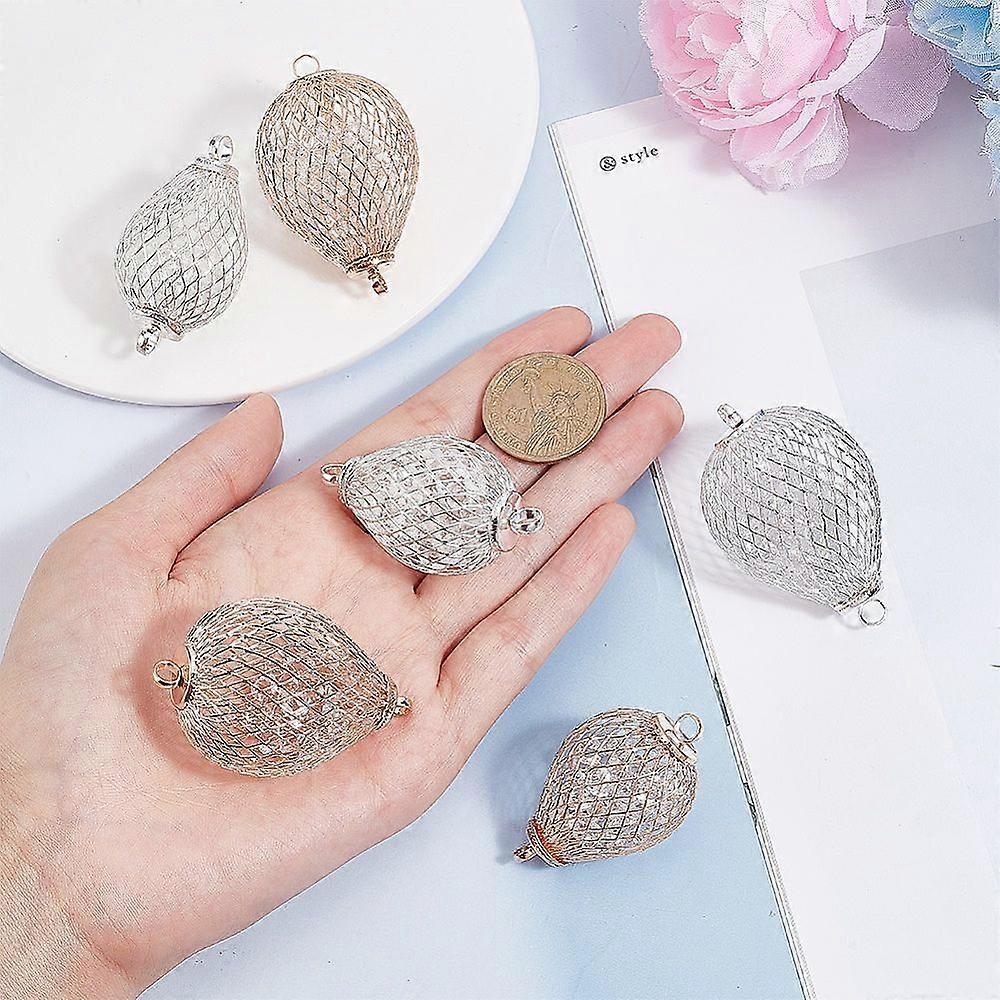 8Pcs 4 Styles Iron Bead Cage Connector Charms with Resin Beads Inside Hollow Lantern Link Teardrop Shape Mixed Color 50~60x29~36mm Hole: 4~6mm 2pcs/st