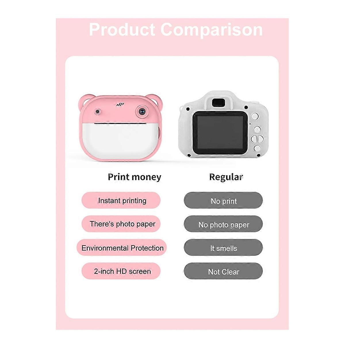 HD Printing Camera, Cartoon Mini Dual Camera, One-Buttonh Printing Camera, with 2 Rolls of Printing