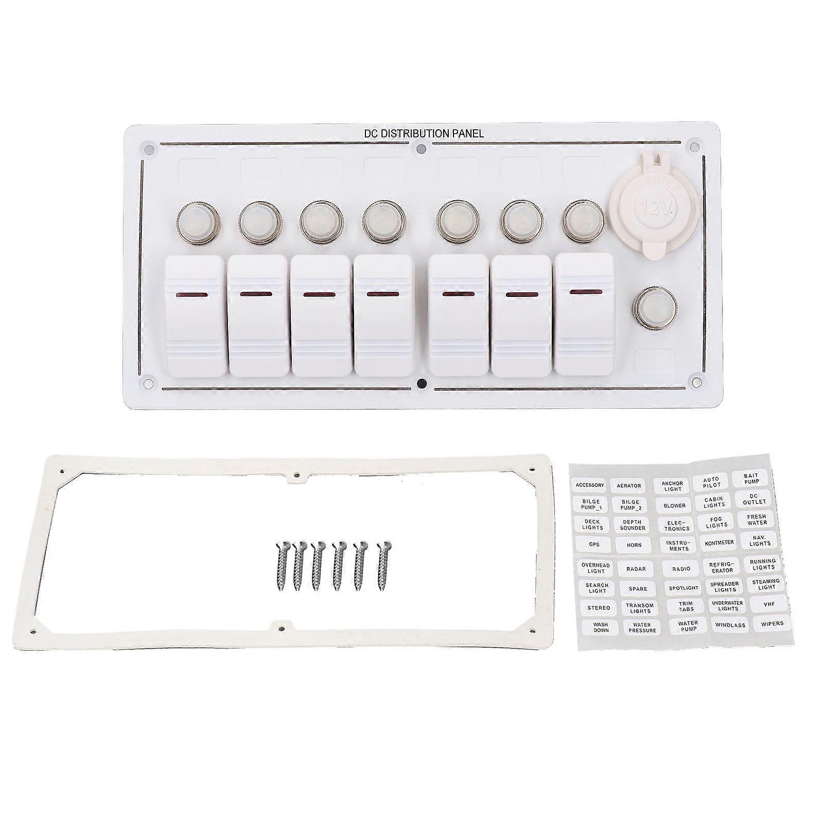 7 Digits Switch Panel, 12V Rocker Switch Panel 7 Gang Water-proof Red LED Marine Switch Panel with Cigarette Lighter Socket