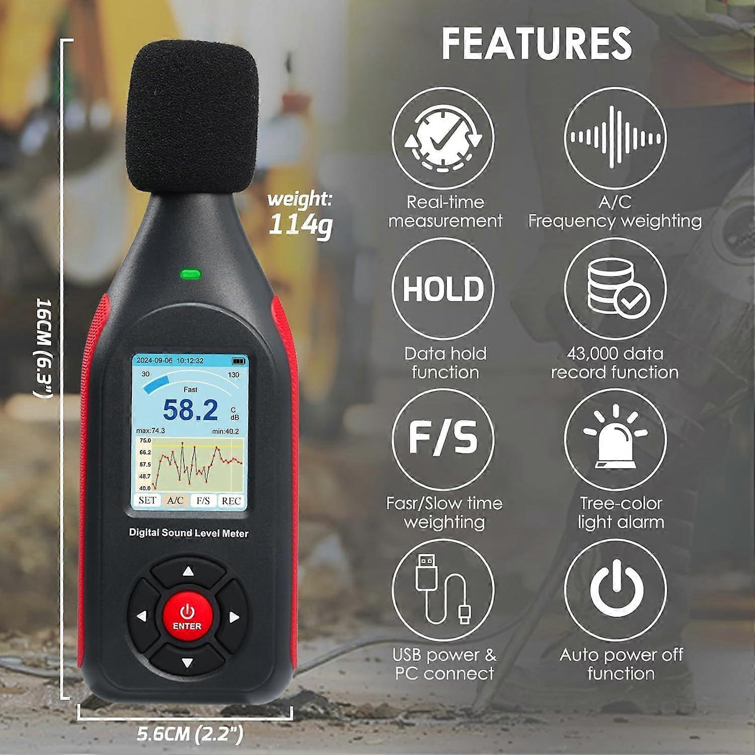 Decibel Meter Data Logger Digital Sound Decibel Meter, Sound Level Meter with 43,000 Data Record & Export, Rechargeable Noise Meter with A/C Frequency
