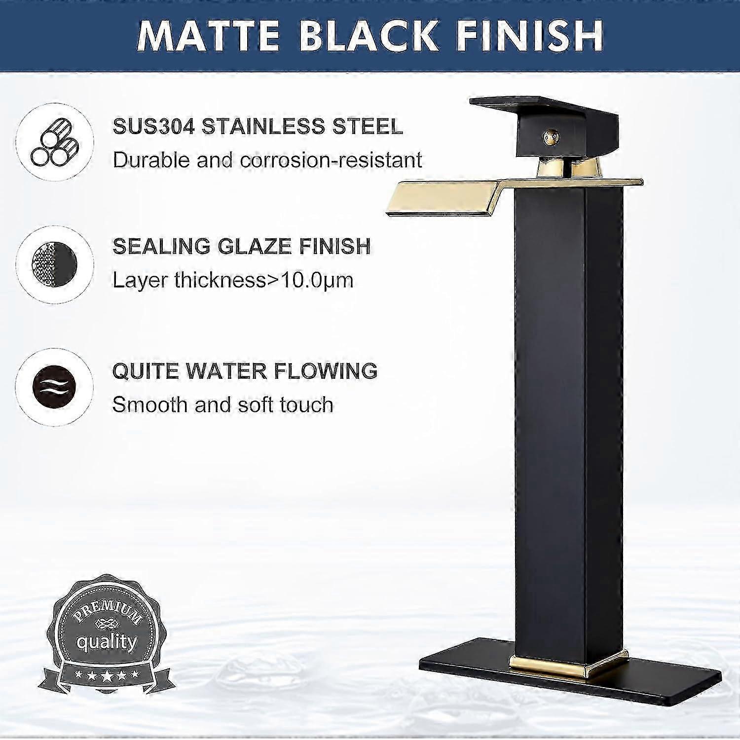 Vandfald høj badeværelsesarmatur til 1 hul, sort og guld badeværelsesarmatur med enkelt håndtag til skibsvask, moderne vandhane med metal pop-up D