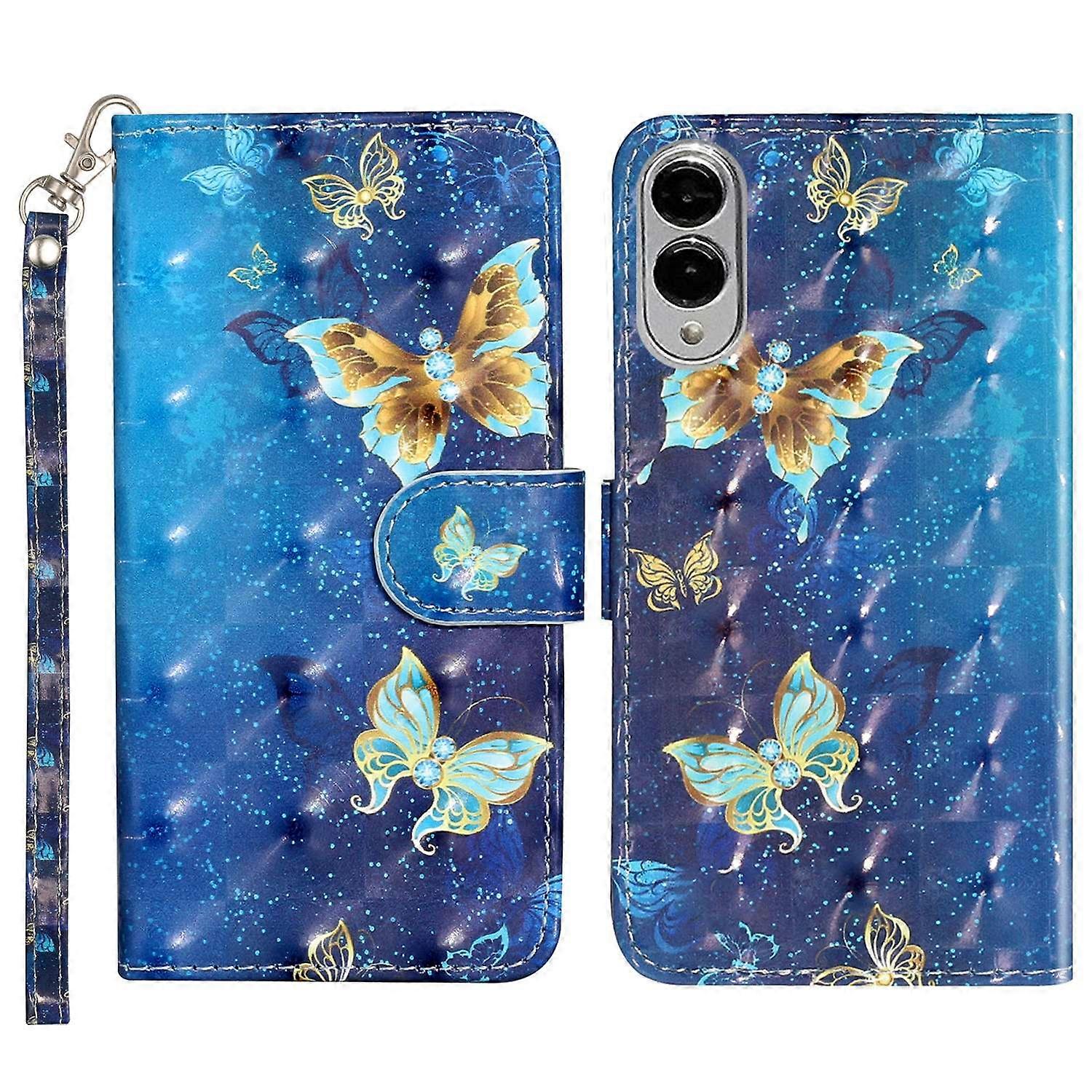 AS For Samsung Galaxy S25 Edge Case 3D Pattern Printed Phone Leather Phone Cover - Blue Gold Butterf