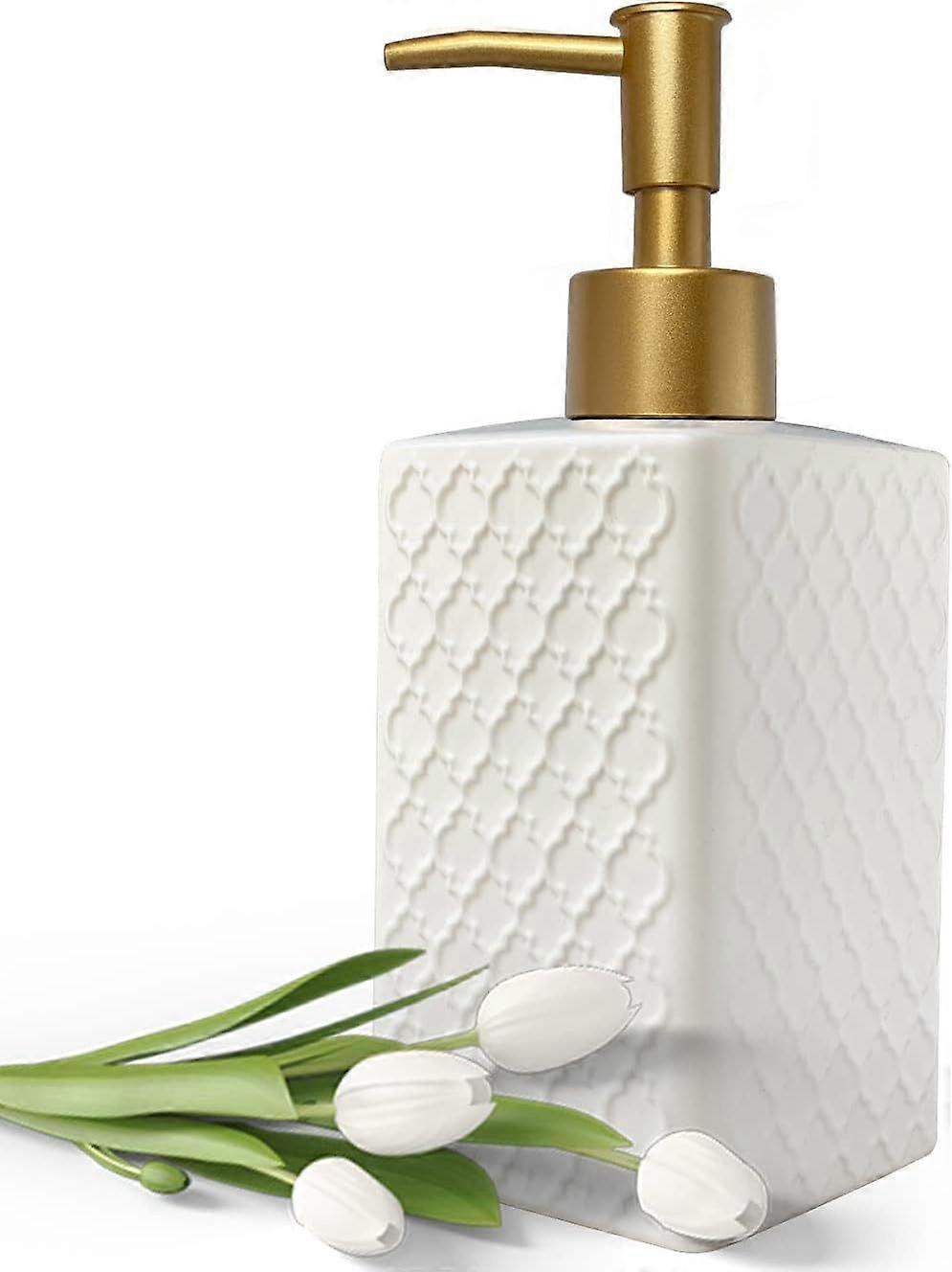 Gold Soap Dispenser for Bathroom,Retro White Square Lotion Dispenser, Refillable Countertop Ceramic Hand Soap Dispenser,Dish Soap Dispenser for Kitch