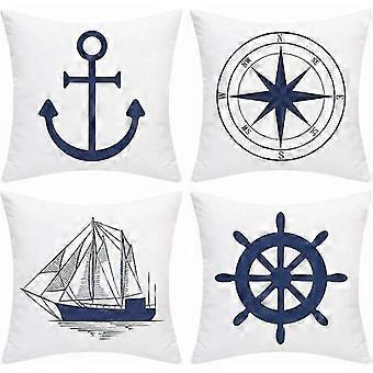 Set van 4 nautische kussenslopen Navy anker navigatie kompas kussenhoes 45x45cm nautische stijl wit en blauw
