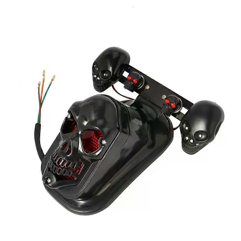 Motorcycle LED Skull Taillight With Turn Signal Rear Brake Light Black/ Chrome Skeleton Style Modified Blinker Indicator Lamp