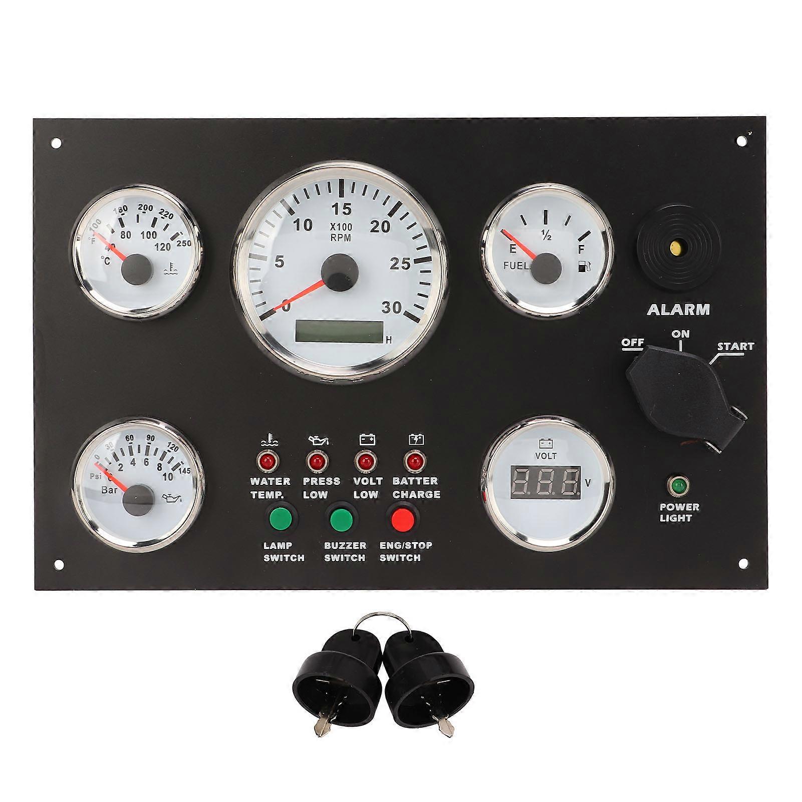 Dash Instrument Panel Engine Speed Oil Level Pressure Water Temp Voltage Display with Red Backlights for RVs Boats