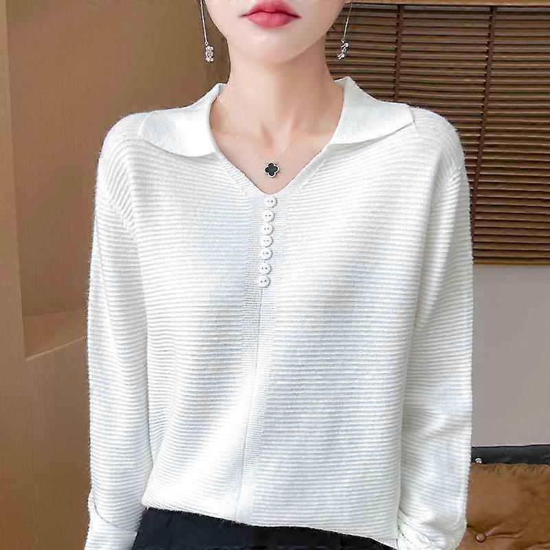 Autumn and Winter Lapel Knit Sweater Long-sleeved Women Horizontal Thread Solid Colour Loose Temperament Bottoming Shirt