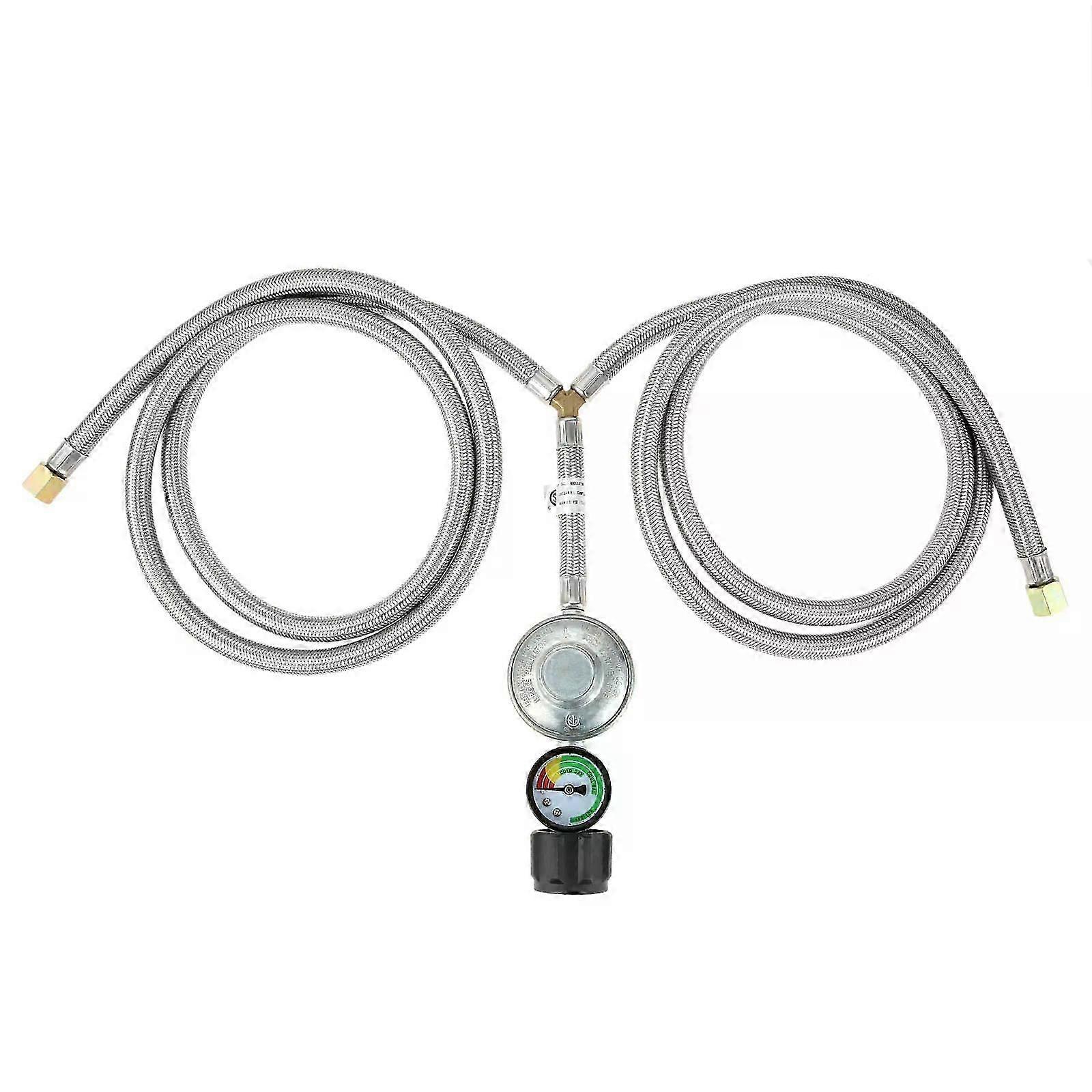 5 Feet Y-Splitter Braided Hose Low Pressure Propane Regulator Adapter with Tank Gauge Level Indicator Suitable for LPG Gas Grill Heaters