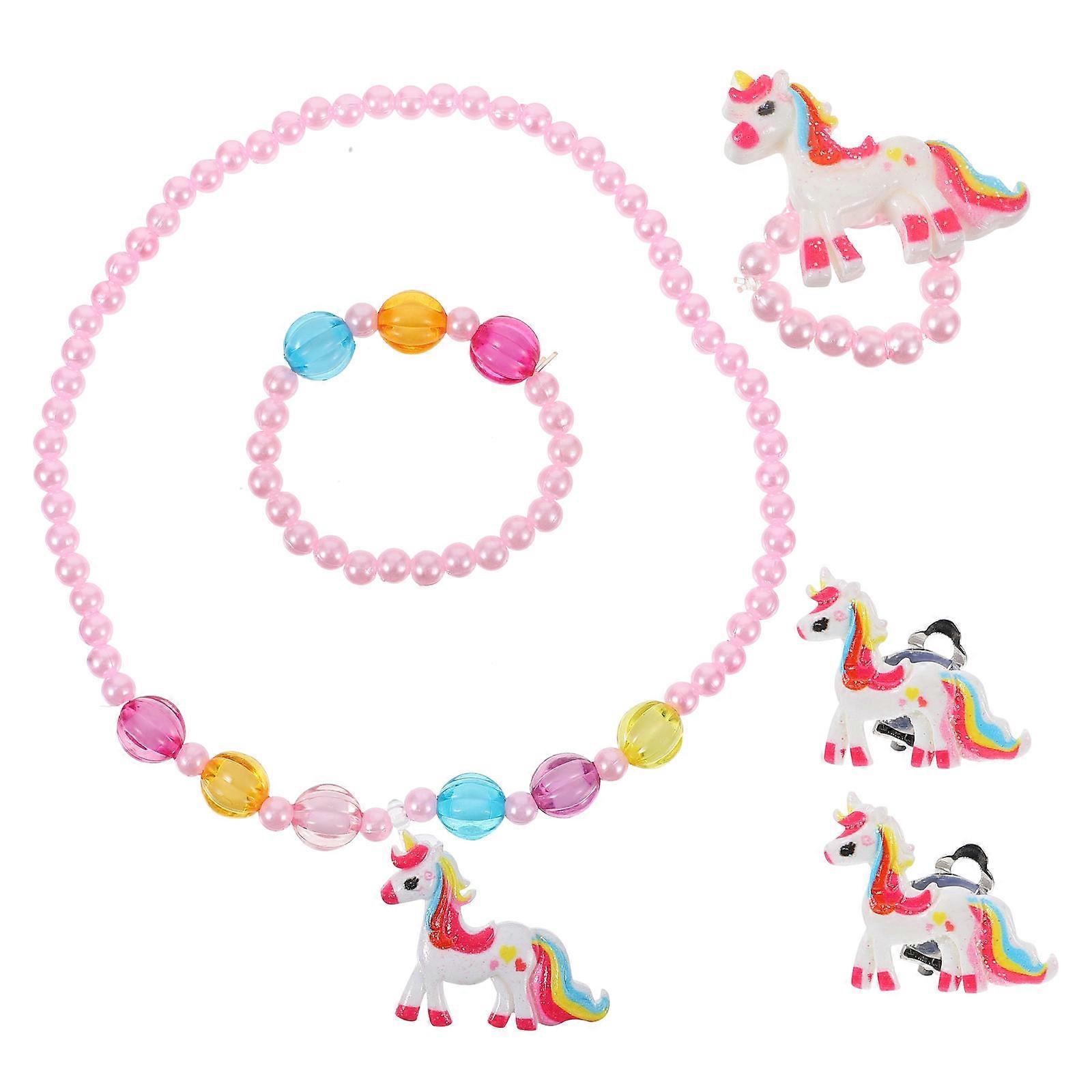 Girls Jewelry Sets Unicorn Necklace Earring Bracelet Ring Everyday Use Pink M Acrylic present 1Set