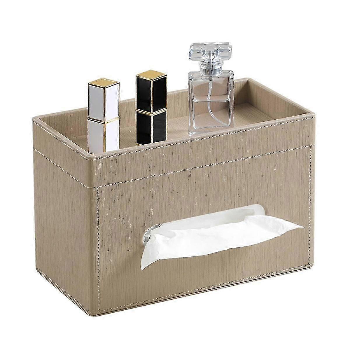 Plus Size Tissue Box Cover Rectangle, PU Leather Tissue Box Holder with Storage Tray, Organizer Tis