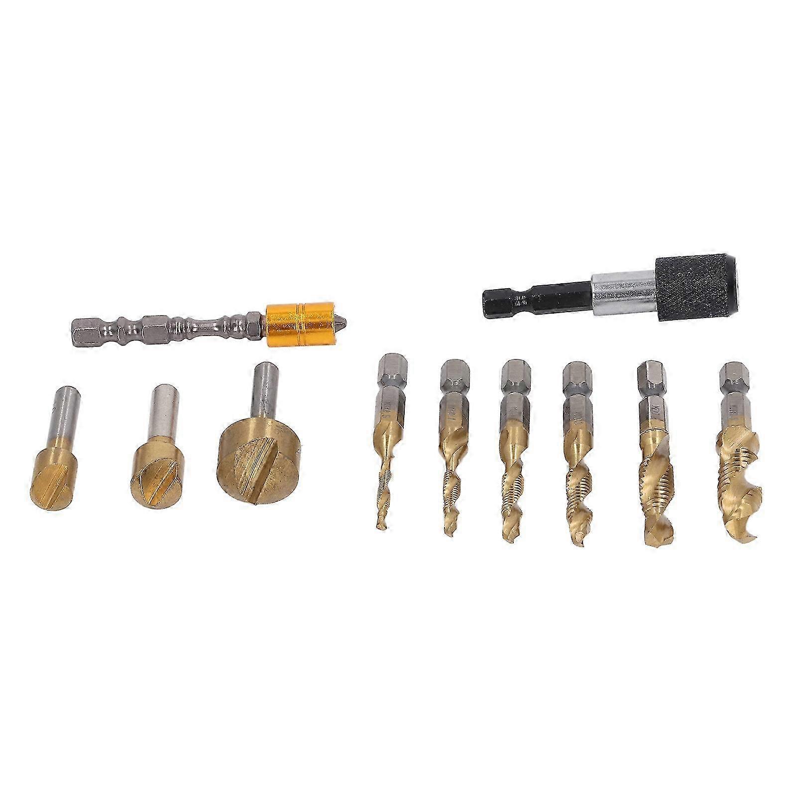 11Pcs Chamfer Drilling Tools Woodworking Ti Coated Step Drill Bits Quick Release Extension Rod Chamfering Tool Set