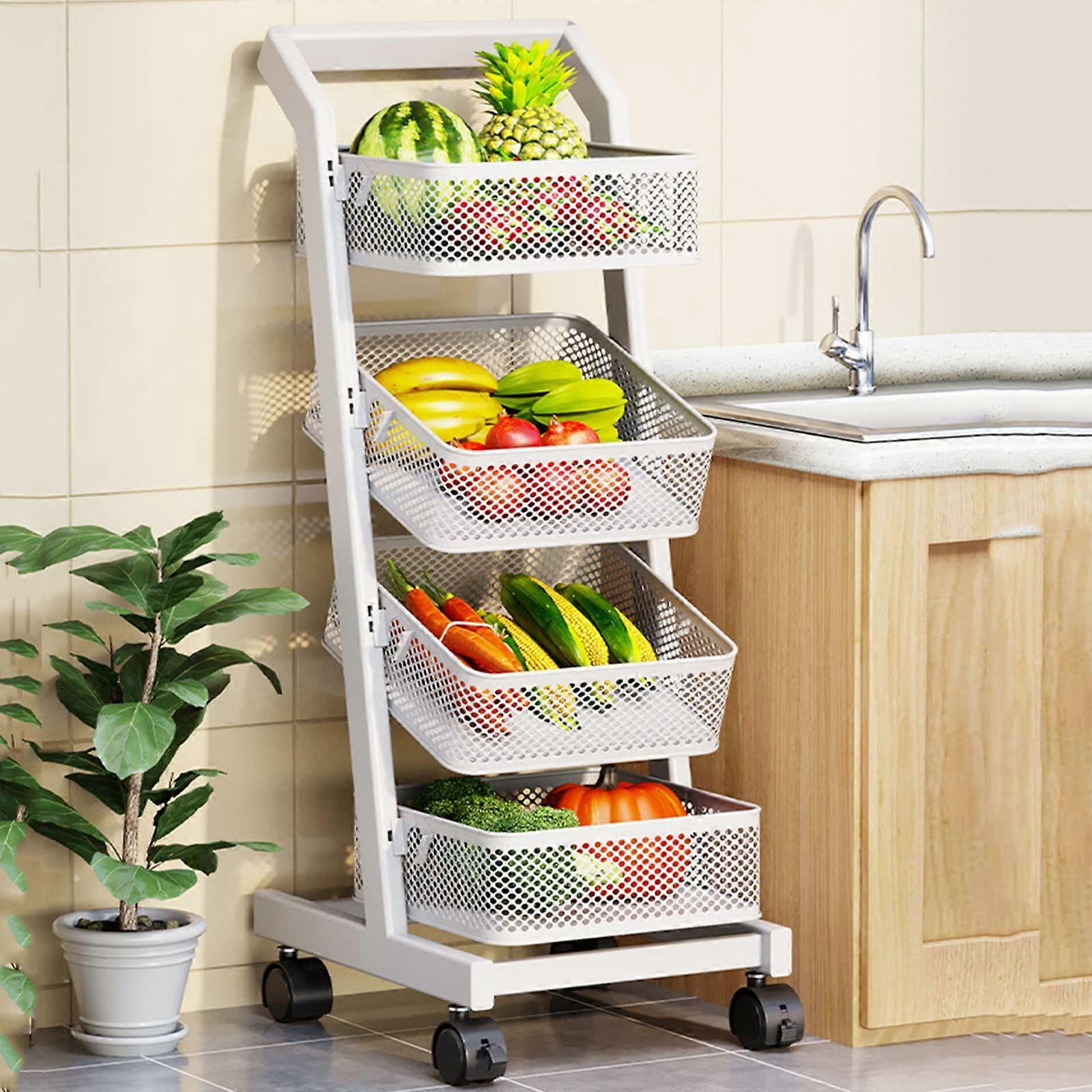 Wagon Kitchen Storage Cart, Freestanding Basket, Rolling Cart for Fruits and Vegetables with Wheels (White)