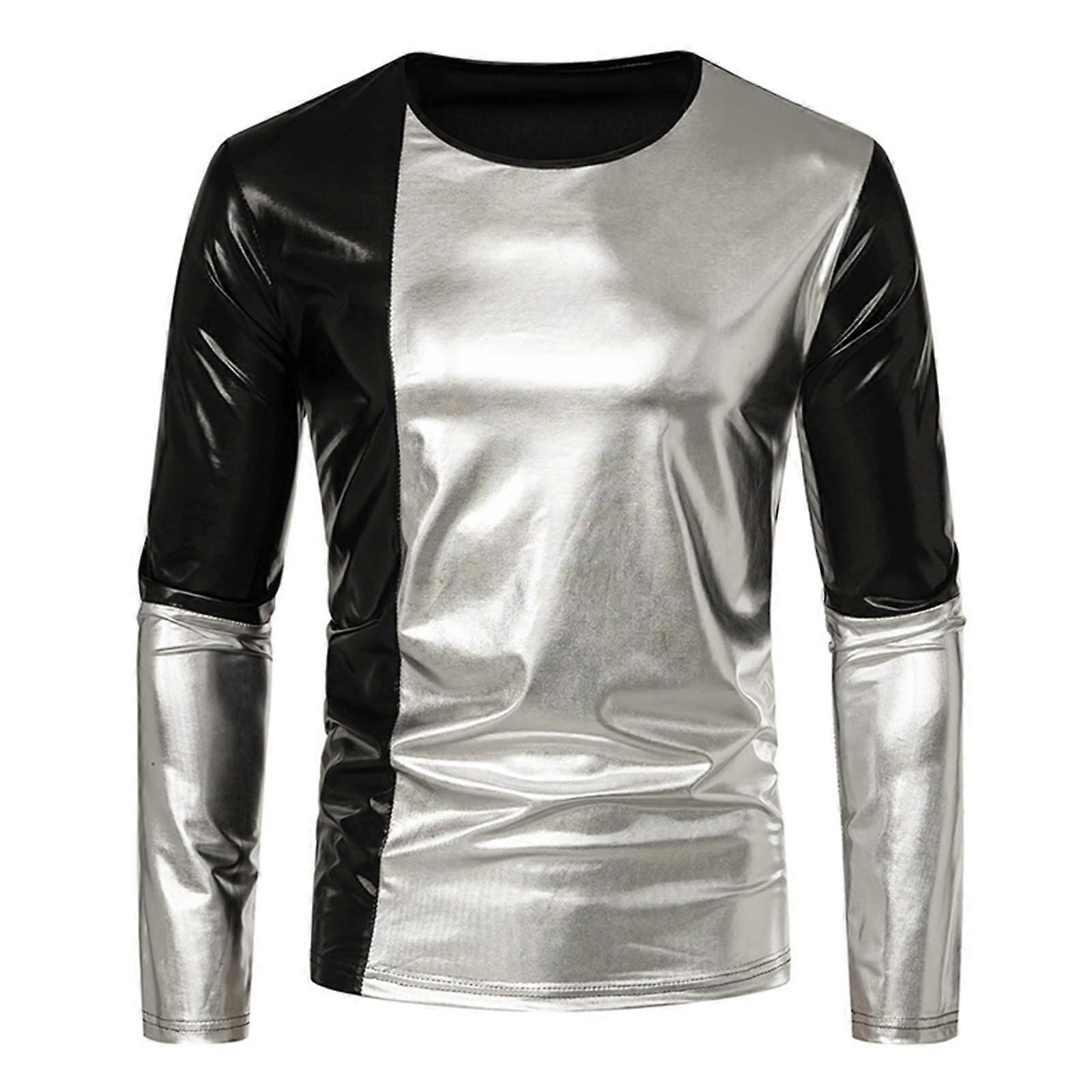 Long Sleeve Men's Leather Colour Block Shirt Long Sleeve Crew Neck