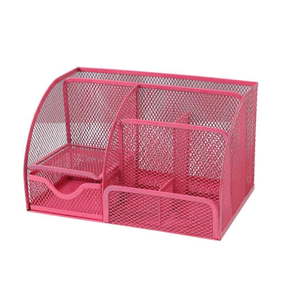Metal Desk Organiser with Multi Grid Design, Large Capacity for Home Office Dorm, Rose Red Pink-red Pen Phone Holder