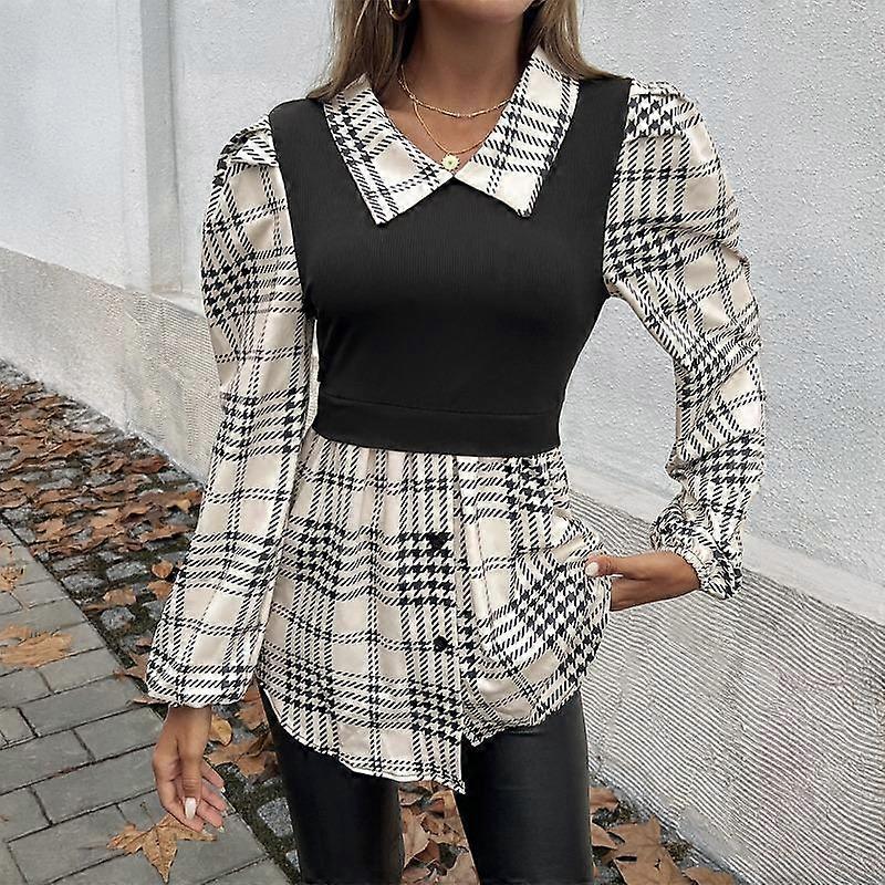 Women's Summer Short Bubble Sleeve Patchwork Button Plaid Irregular Shirt